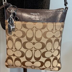 Coach Signature Tan and Brown Crossbody Bag and key charm